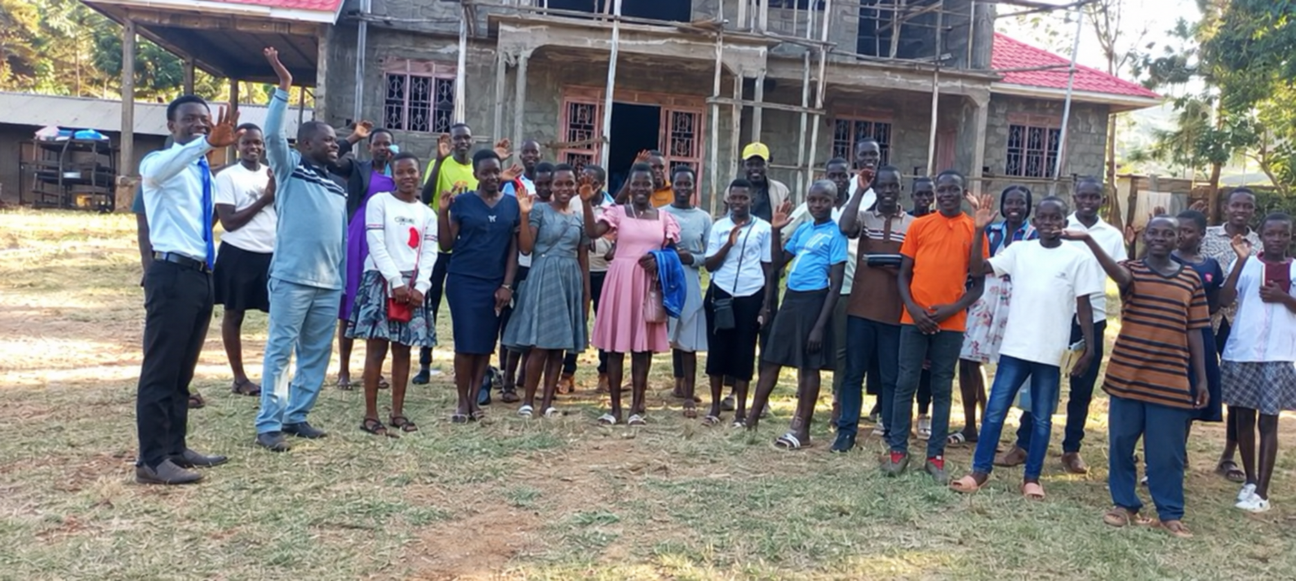 Young people gathered outside the local church